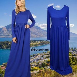 Zenana Outfitters Shirred Maxi Dress Pockets Blue L